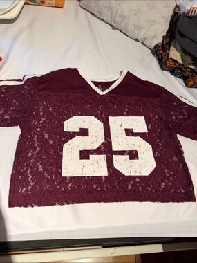 Women's Lace Overlay Crop Top with Number Graphic - Maroon